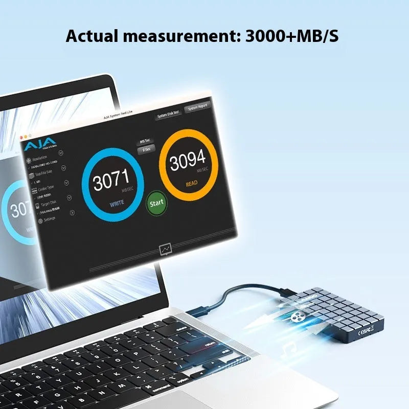 USB4 hard disk enclosure with aluminium alloy housing showing 40Gbps transfer speed and compact 50x118x13mm dimensions