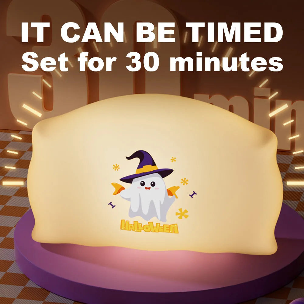 Cartoon Halloween table lamp in Magic Ghost or Pumpkin Ghost design with warm LED glow.