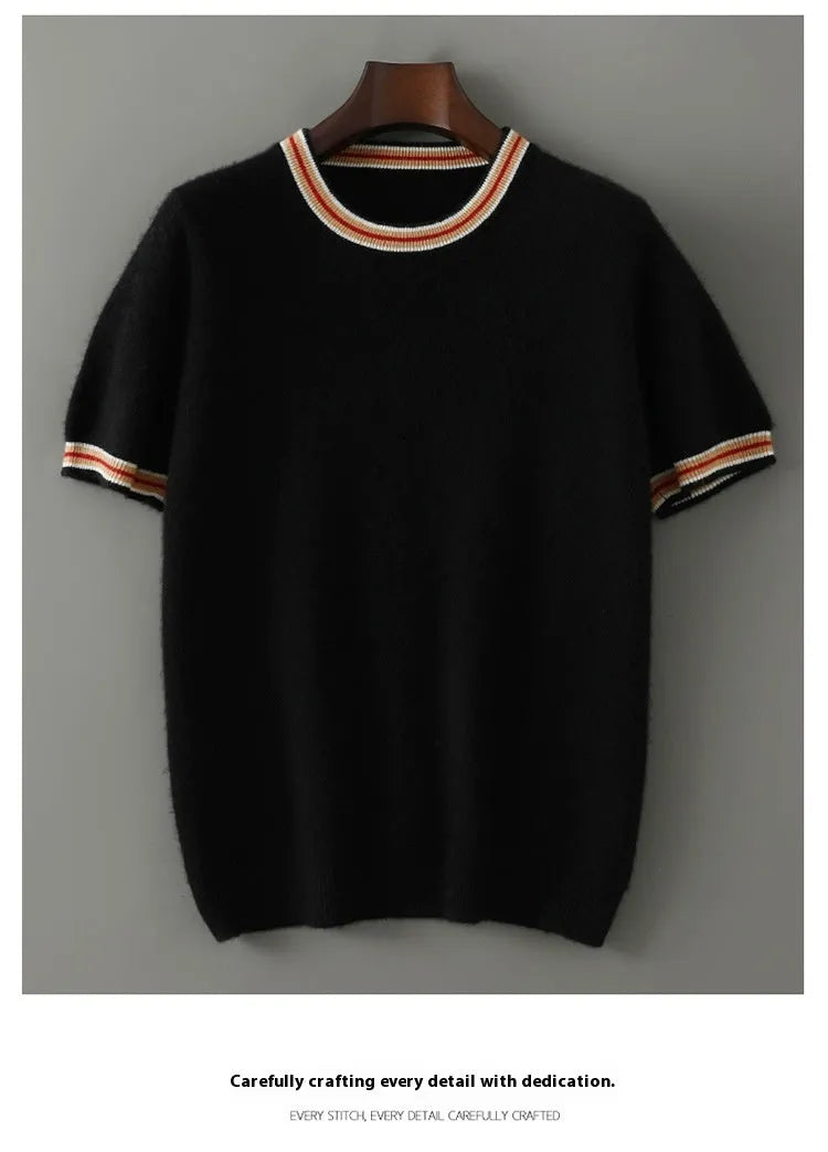 Men's short sleeve round neck wool sweater in grey on a hanger