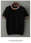 Men's short sleeve round neck wool sweater in grey on a hanger