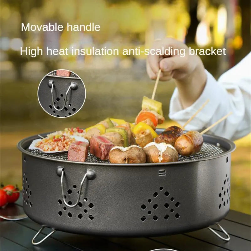 Portable stainless steel detachable BBQ grill with carry bag for outdoor camping.