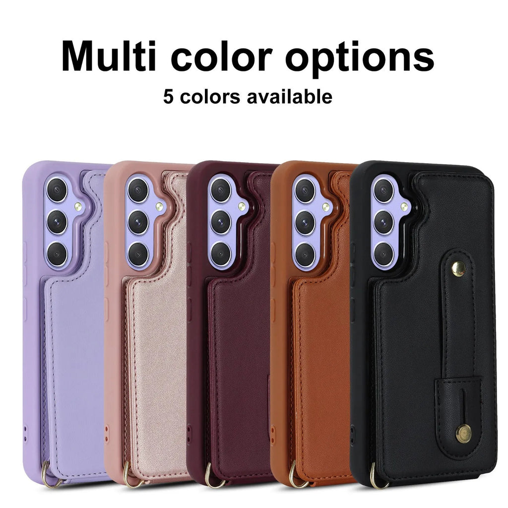 Samsung A54 5G leather phone case with matching lanyard in black, brown, purple, rose gold, wine red colours