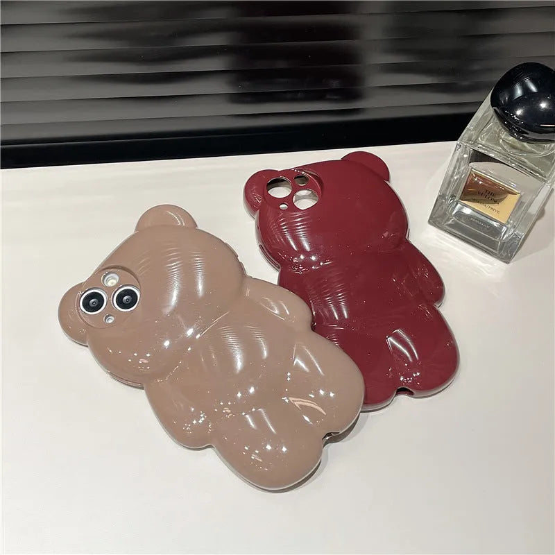 Silicone anti-fall phone case with cute three-dimensional bear design for iPhone, khaki colour