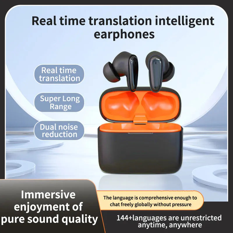 Bluetooth smart in-ear headphones in white, black, dark blue, or lotus root, with charging case and cable.