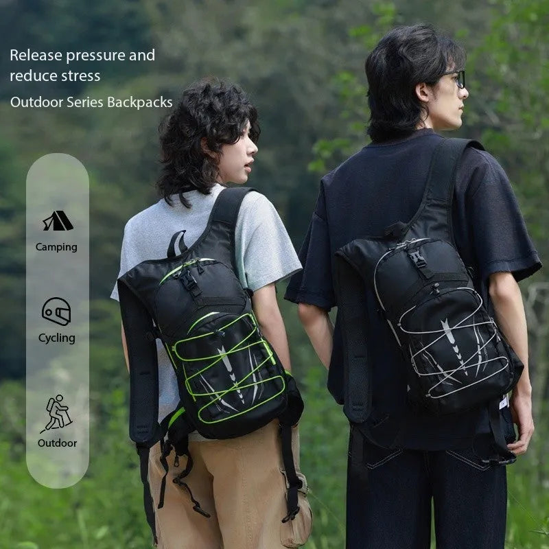Lightweight breathable mesh hydration backpack with reflective details in black, suitable for trail running and mountain biking