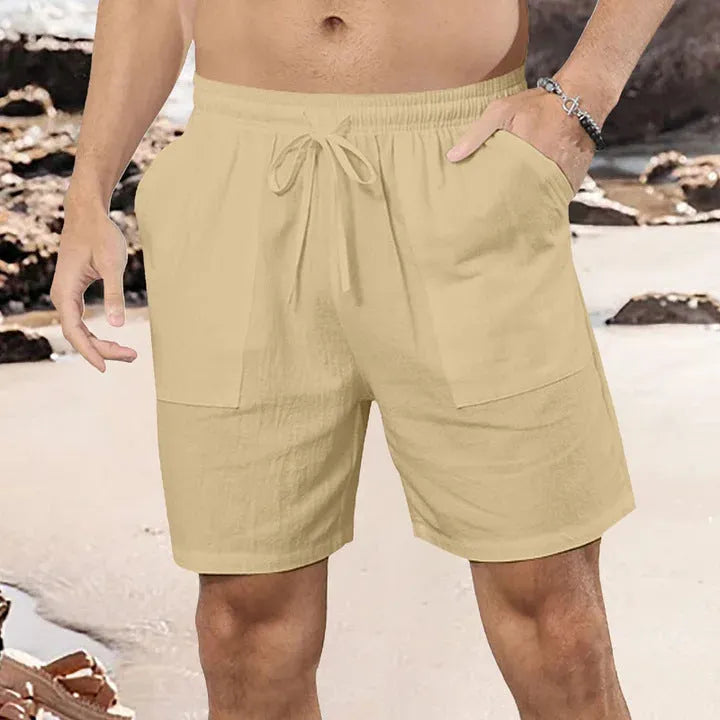 Men's casual cotton linen shorts in light blue colour with straight leg sports design
