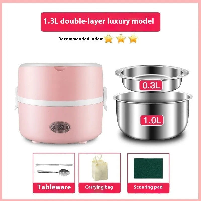 Portable plug-in insulated lunch box with stainless steel inner liner, coffee colour, double layer configuration, on a desk