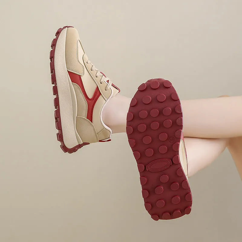 Women's low-top solid colour sports shoes with flat heel and lace-up front in Card Black, Khaki Red, and White Grey.