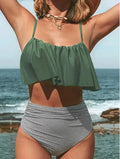 Green high-waisted women's swimsuit with ruffles and a backless brief style.