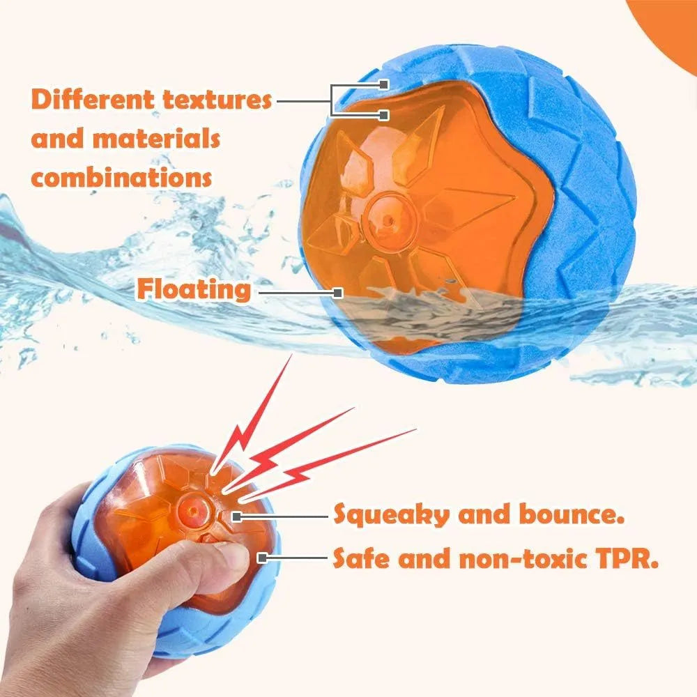 Set of four squeaky dog toys: a blue ball, a red barbell, and two orange tyres, shown on grass.