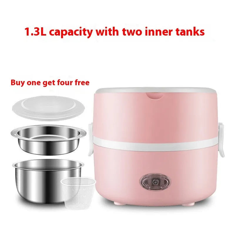 Portable plug-in insulated lunch box with stainless steel inner liner, coffee colour, double layer configuration, on a desk