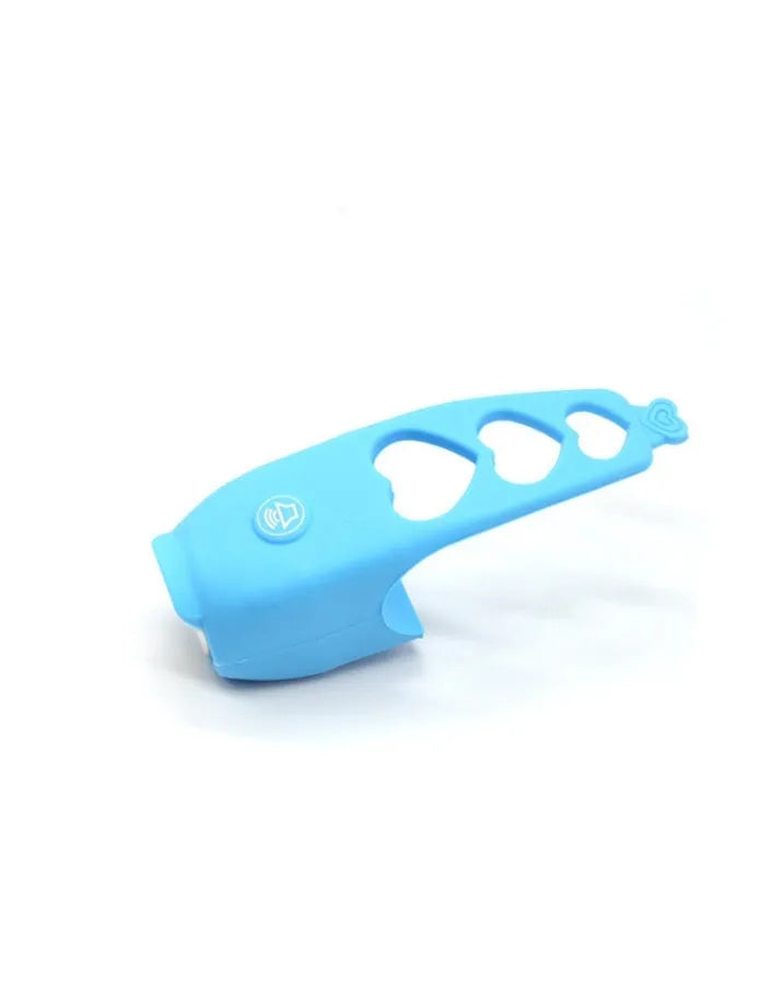 Bicycle electronic horn with plastic casing in multiple colours including black, green, purple on bicycle handlebars
