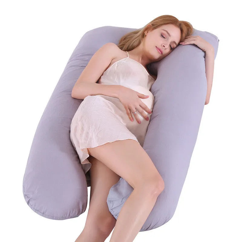 U-shaped maternity pillow with ice silk cover in green colour showing curved design for pregnancy support