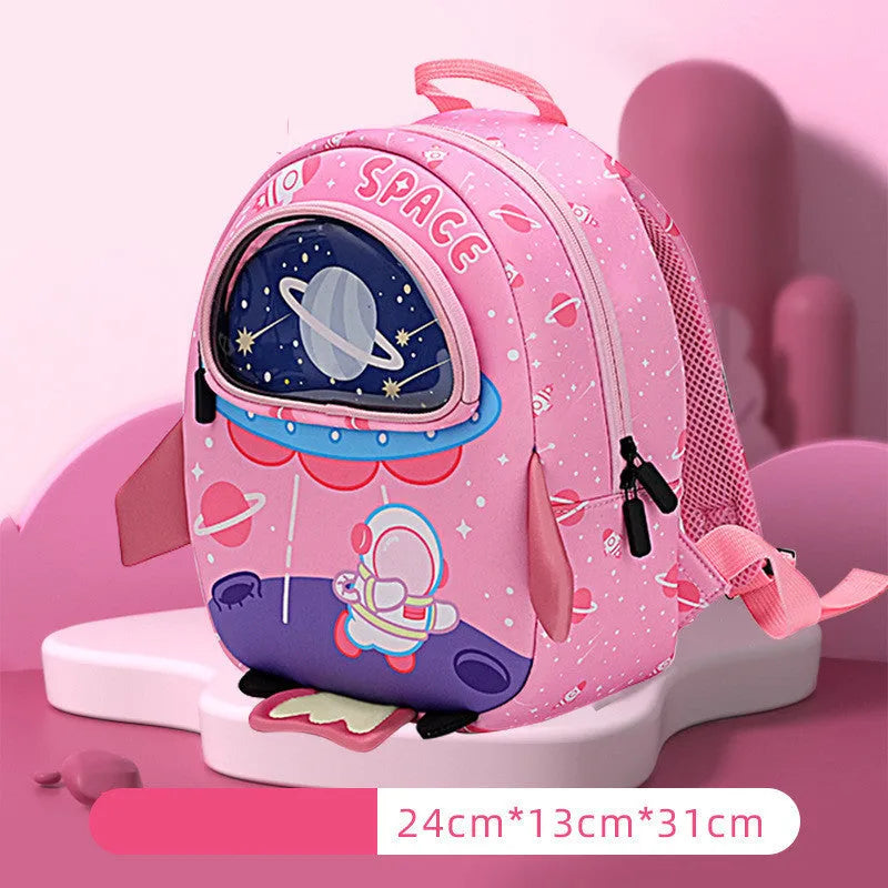 Children's SBR diving material anti lost backpack with zipper closure, cartoon rocket print, in blue colour, two sizes available.