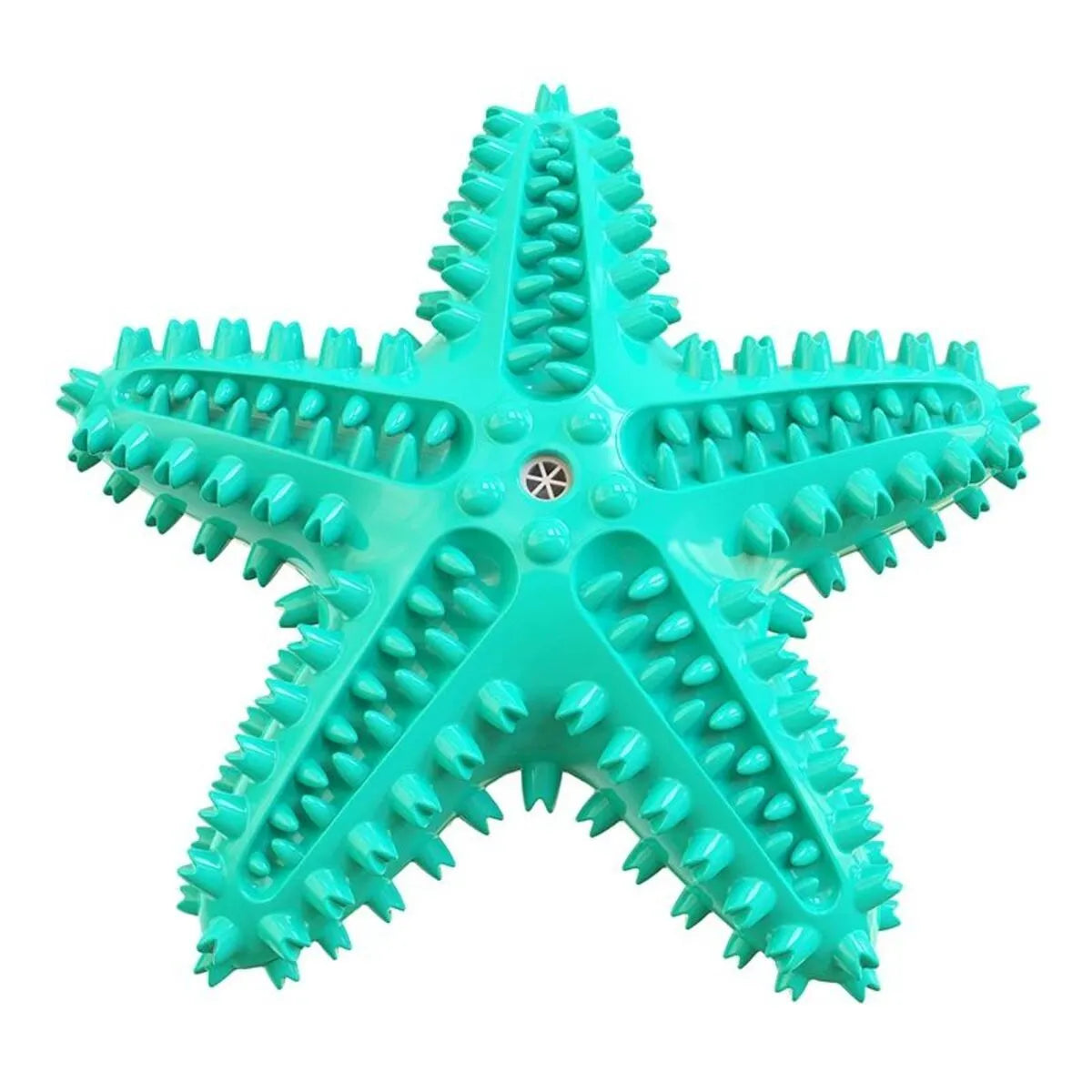 Edible TPR starfish dog toy with squeaker for tooth cleaning in blue, green and yellow colours
