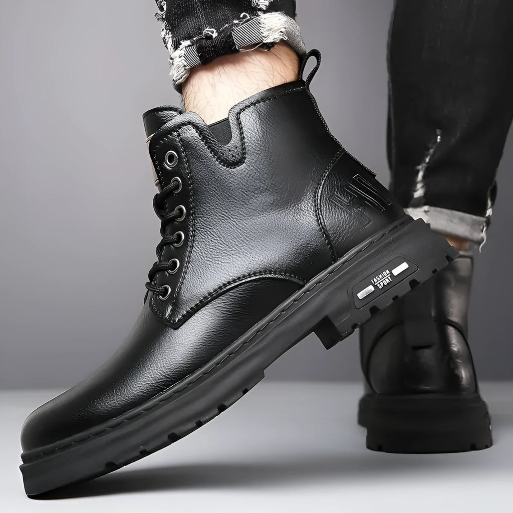 Men's black Martin boots with thick flat rubber sole and front lace-up closure