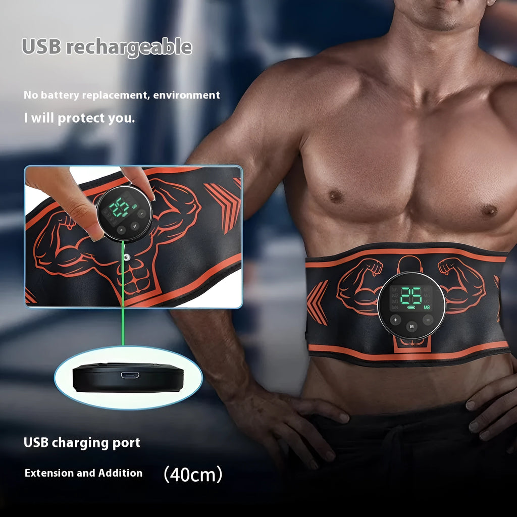 Blue and orange Smart Massage Belt EMS device with adjustable strap and adhesive arm stickers on a grey background