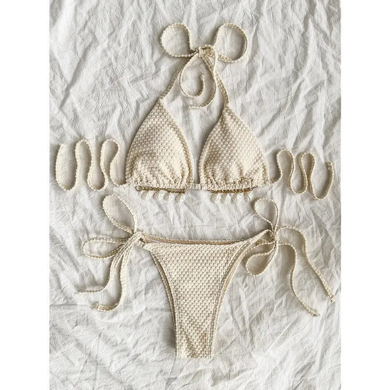 Women's halter lace-up bikini swimsuit in milky white, green, or white, briefs style.