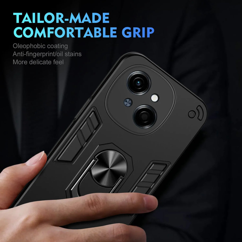 Tecno Pova phone case with bracket, black back cover, airbag corners