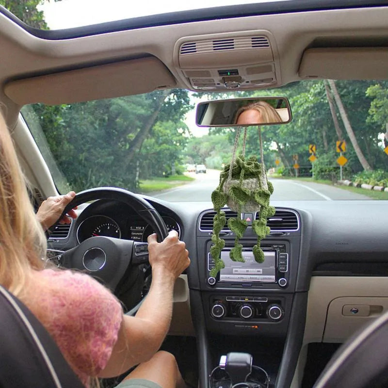 Green and white knitted wool car plant decoration with basin base and hanging rope