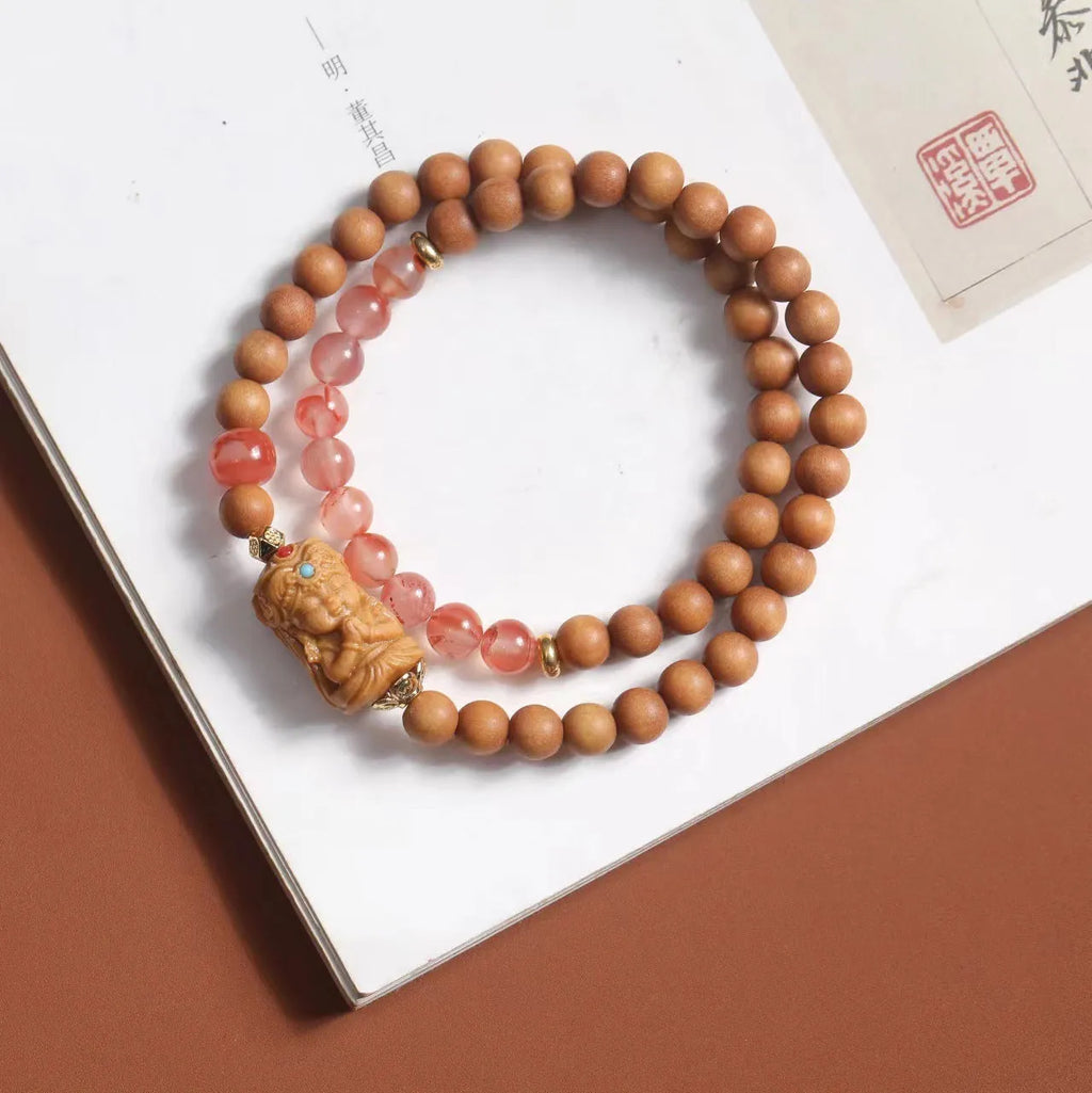 Brown wooden bracelet with South Red Zachilam pattern and double circle design on 6mm beads