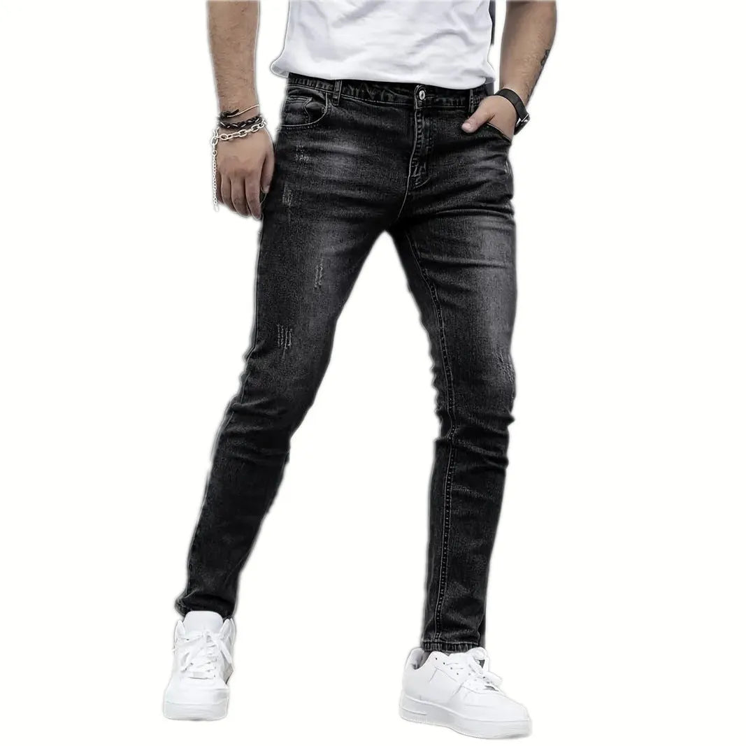 Men's stretch casual jeans in straight leg skinny fit with high elasticity cotton fabric