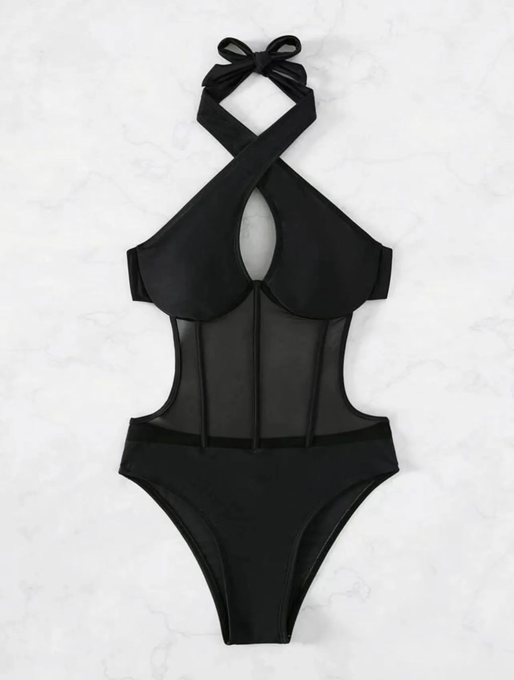 Women's black one-piece spun yarn swimsuit on a mannequin