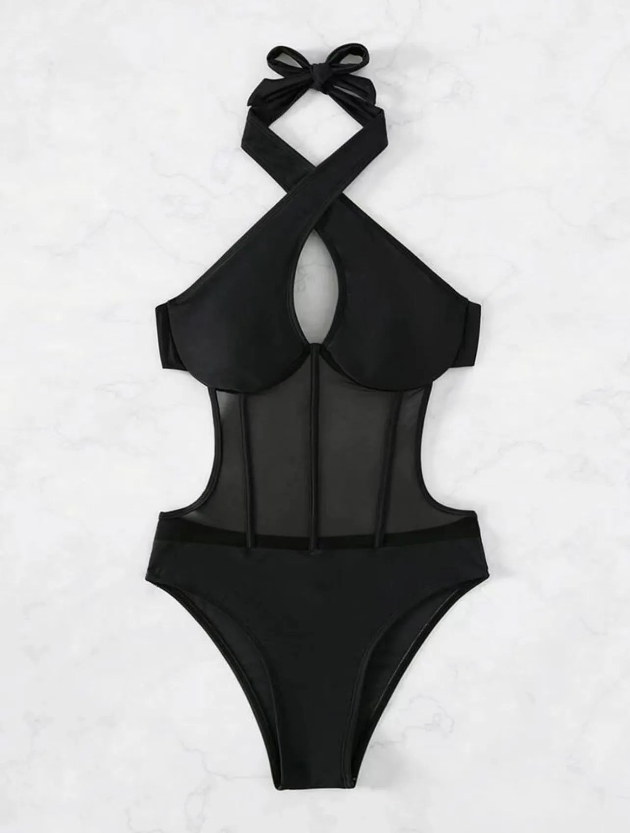 Women's black one-piece spun yarn swimsuit on a mannequin