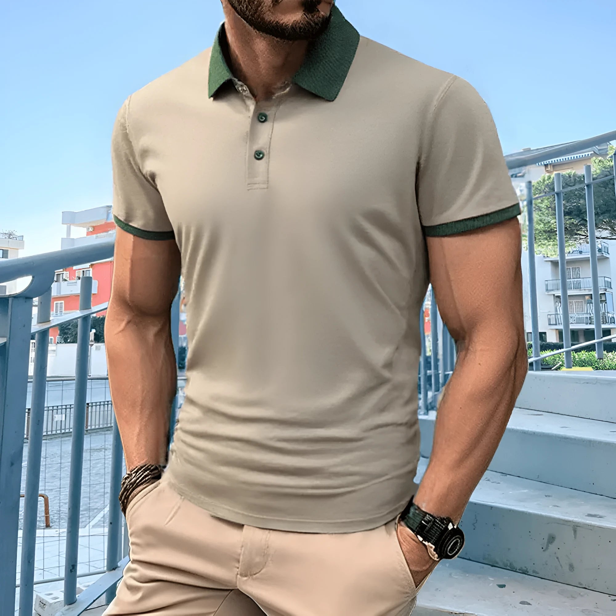 Short sleeve polo shirt with printed design and lapel collar in ice silk fabric