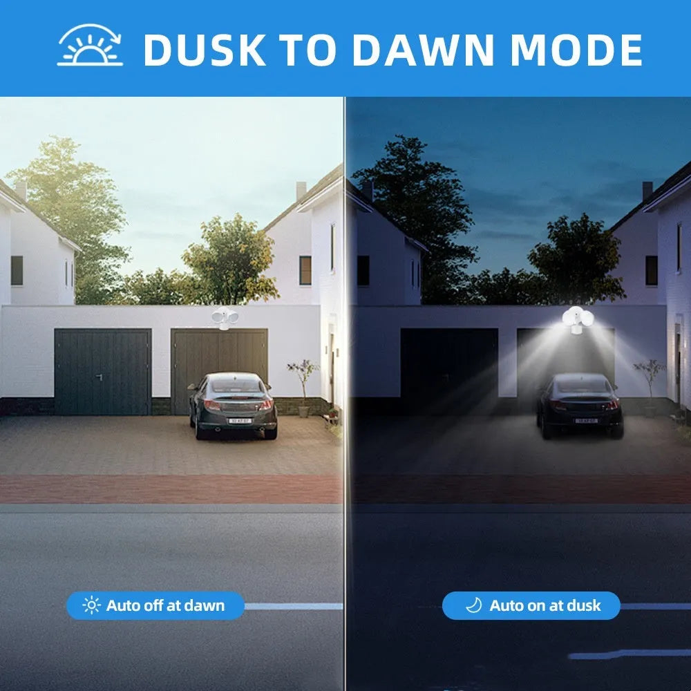 White LED security floodlight with motion sensor mounted on an exterior wall.