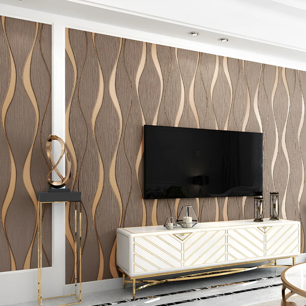 Close-up detail of dark brown 3D curve stripe wallpaper with thick deerskin velvet texture on a non-woven base.
