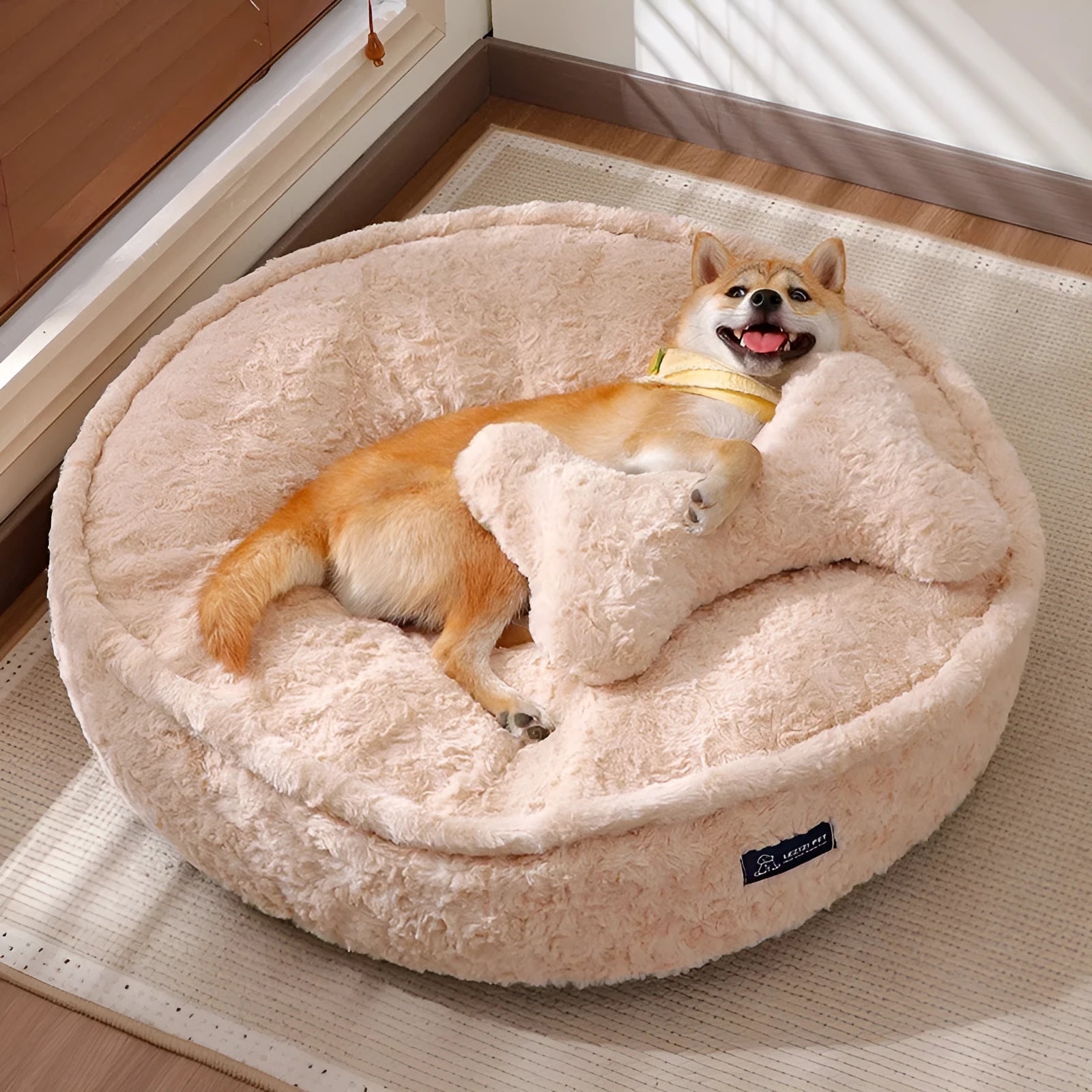Round nest milk tea coloured pet bed for dogs and cats in removable washable cloth fabric
