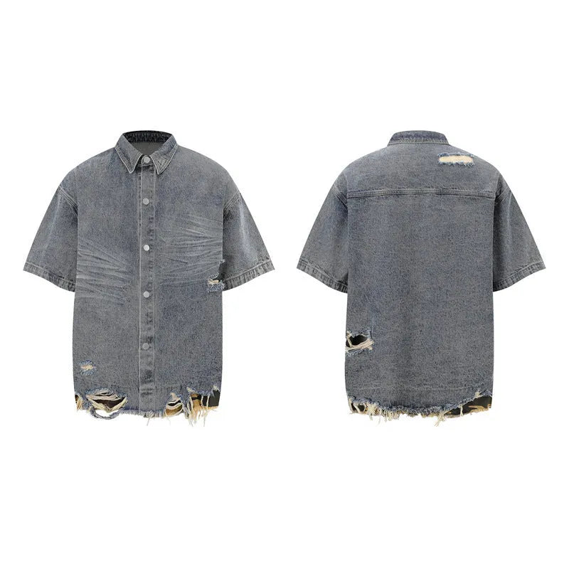 Black denim short sleeve jacket and shorts set with leopard print and cut edge stitching.
