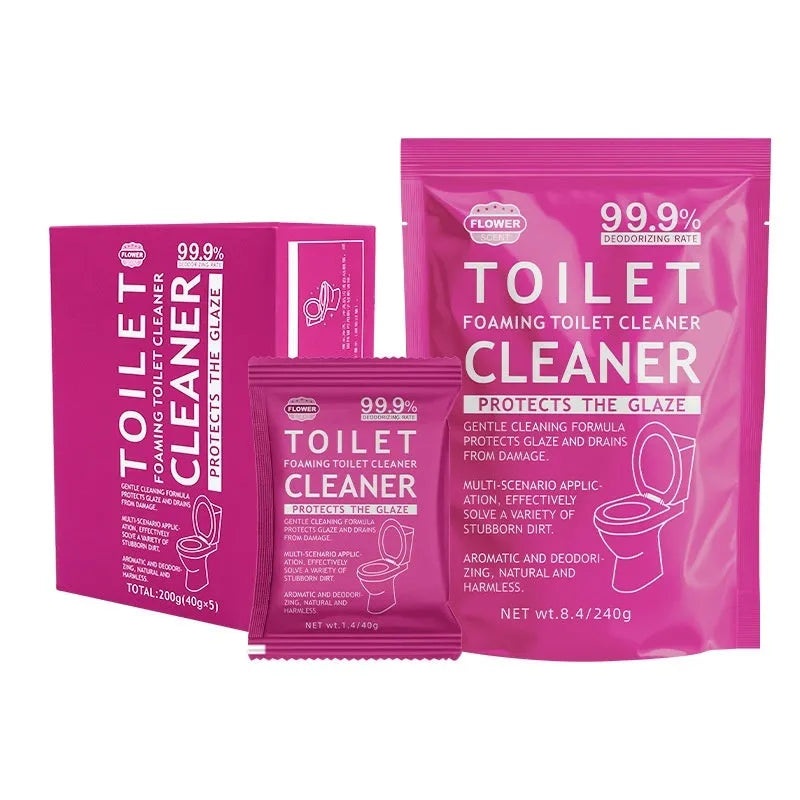 Box and bag of toilet bubble powder descaler cleaner in blue and pink fragrance options.