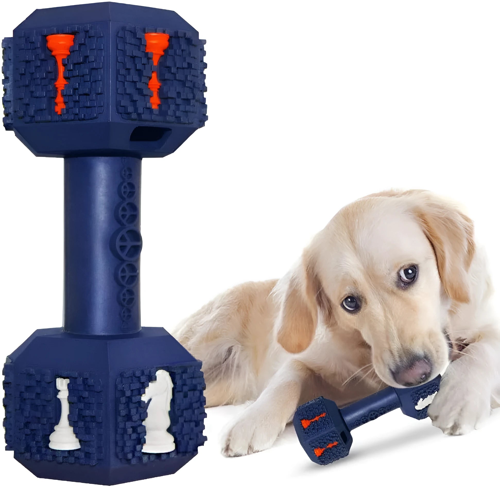 Black and blue durable rubber dumbbell dog chew toy with textured surface for aggressive chewers.