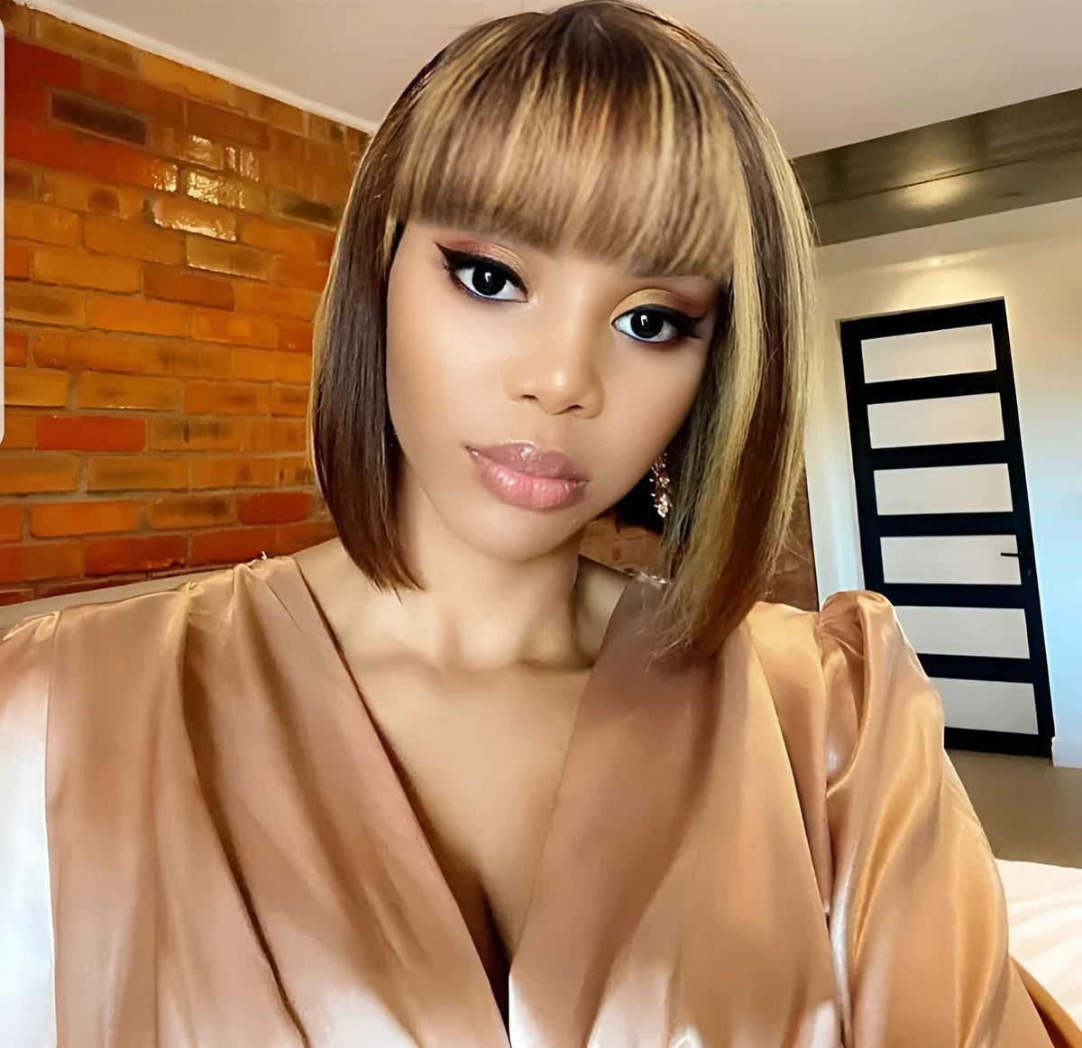Short real hair wig with Qi bangs, P4/27 ombre colour, available in 8-14 inch lengths