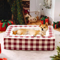 Classic plaid removable dog kennel mat in red, shown inside a wire crate