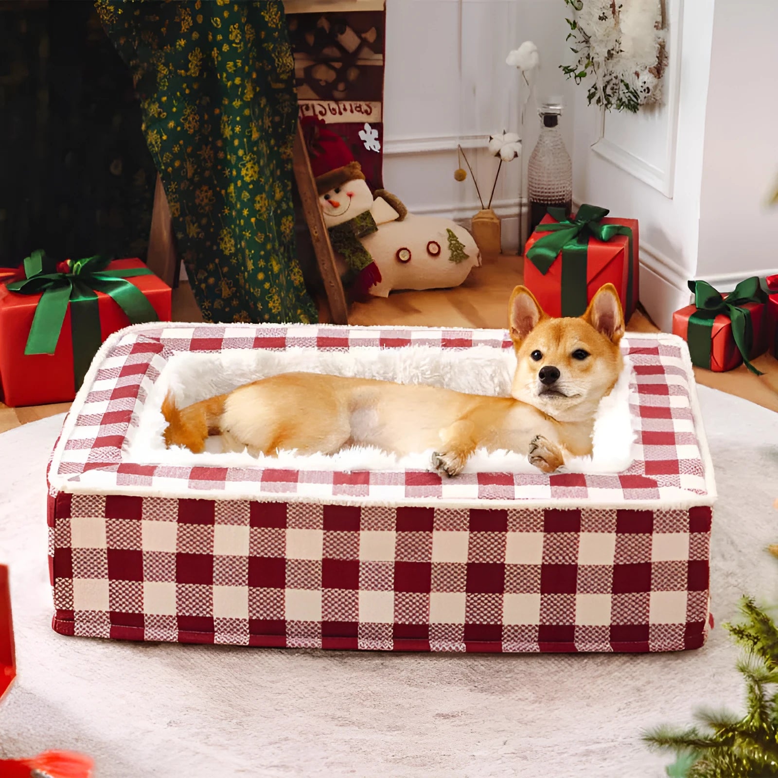 Classic plaid removable dog kennel mat in red, shown inside a wire crate