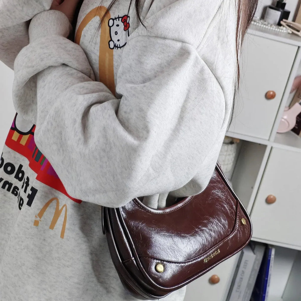 Wine red PU crescent underarm bag with chain strap and horizontal square shape for women's daily use