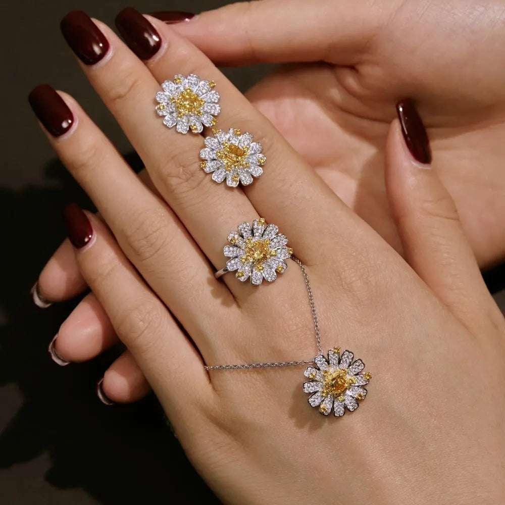 Women's 925 sterling silver ear studs with platinum colour and marigold-sunflower detail