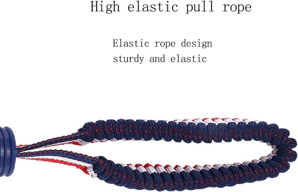 Blue rubber dog ball attached to a rope, a tug and fetch toy for small dogs.