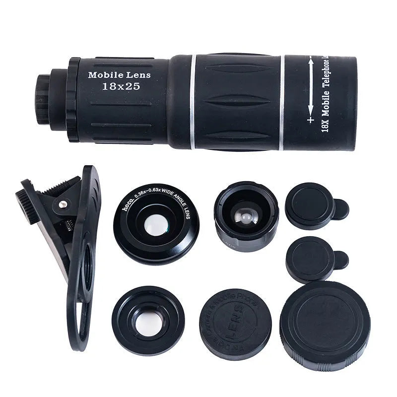 Mobile phone zoom telephoto lens 15-45X with metal tripod and UV filter on red circle background