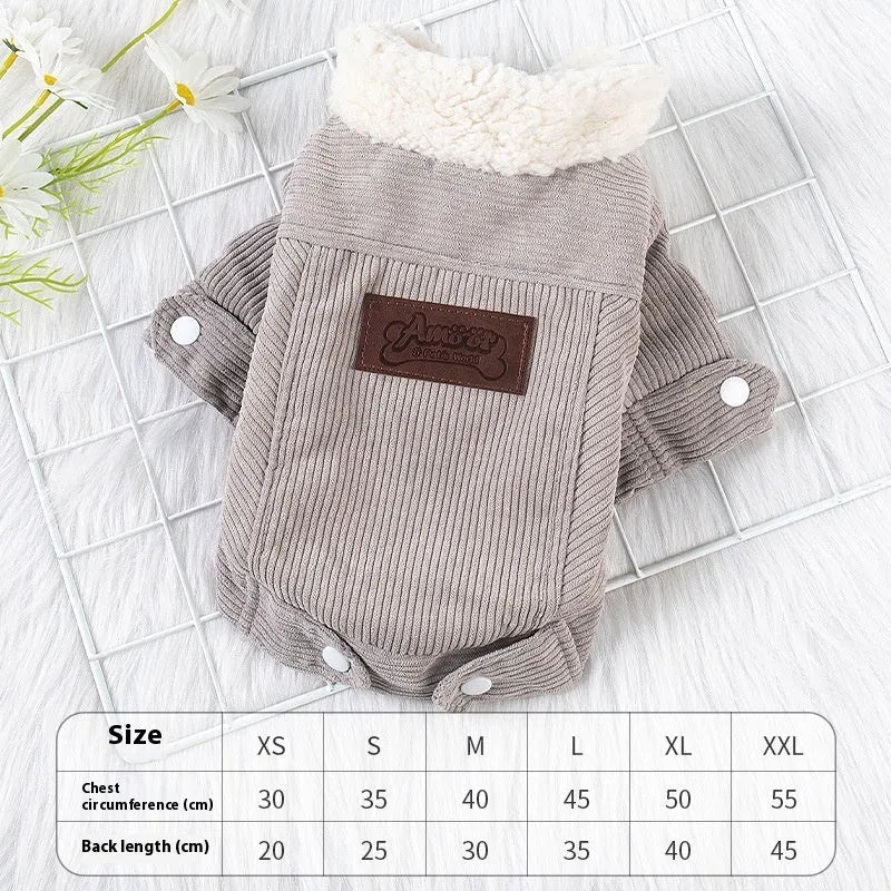 Lambswool grey fleece-lined padded vest for a dog, showing the wool lining and size label.