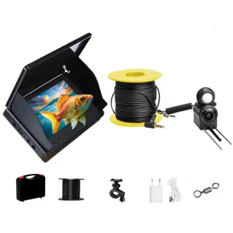 Underwater fish finder HD camera with 4.3-inch IPS screen, showing night vision lights and choice of 15m, 20m, or 30m cable.