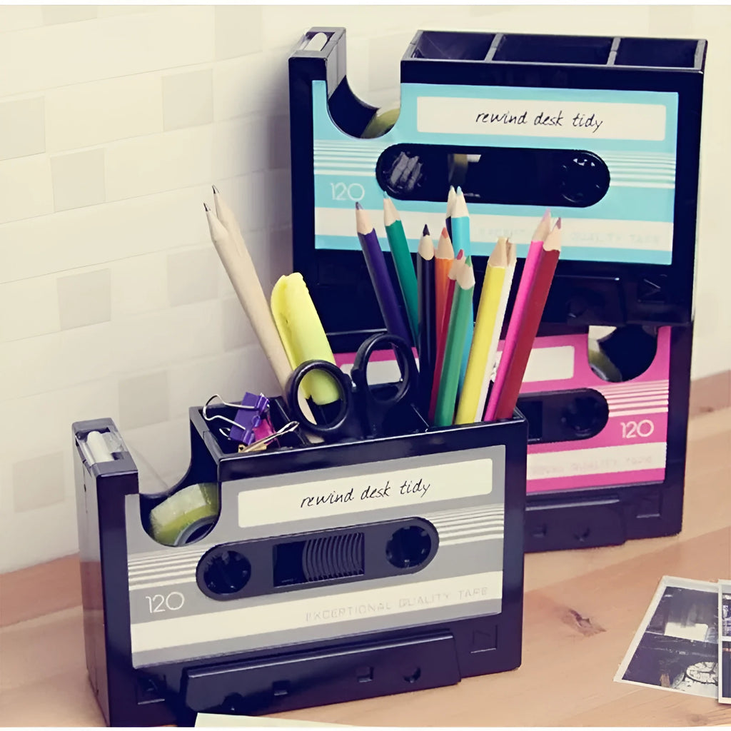 Creative multifunctional pen holder storage box in blue, 1L capacity, plastic, on desk with stationery