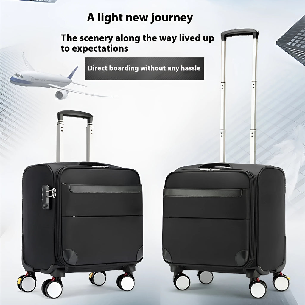 Black 18-inch Oxford cloth carry-on spinner suitcase with telescopic handle on airport carpet.