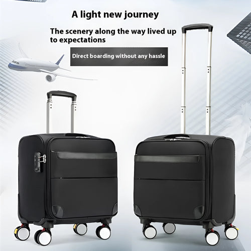 Black 18-inch Oxford cloth carry-on spinner suitcase with telescopic handle on airport carpet.