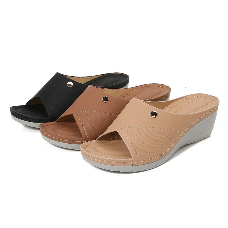 Women's wedge beach slippers in black, camel, and skin colour with microfiber upper and round toe