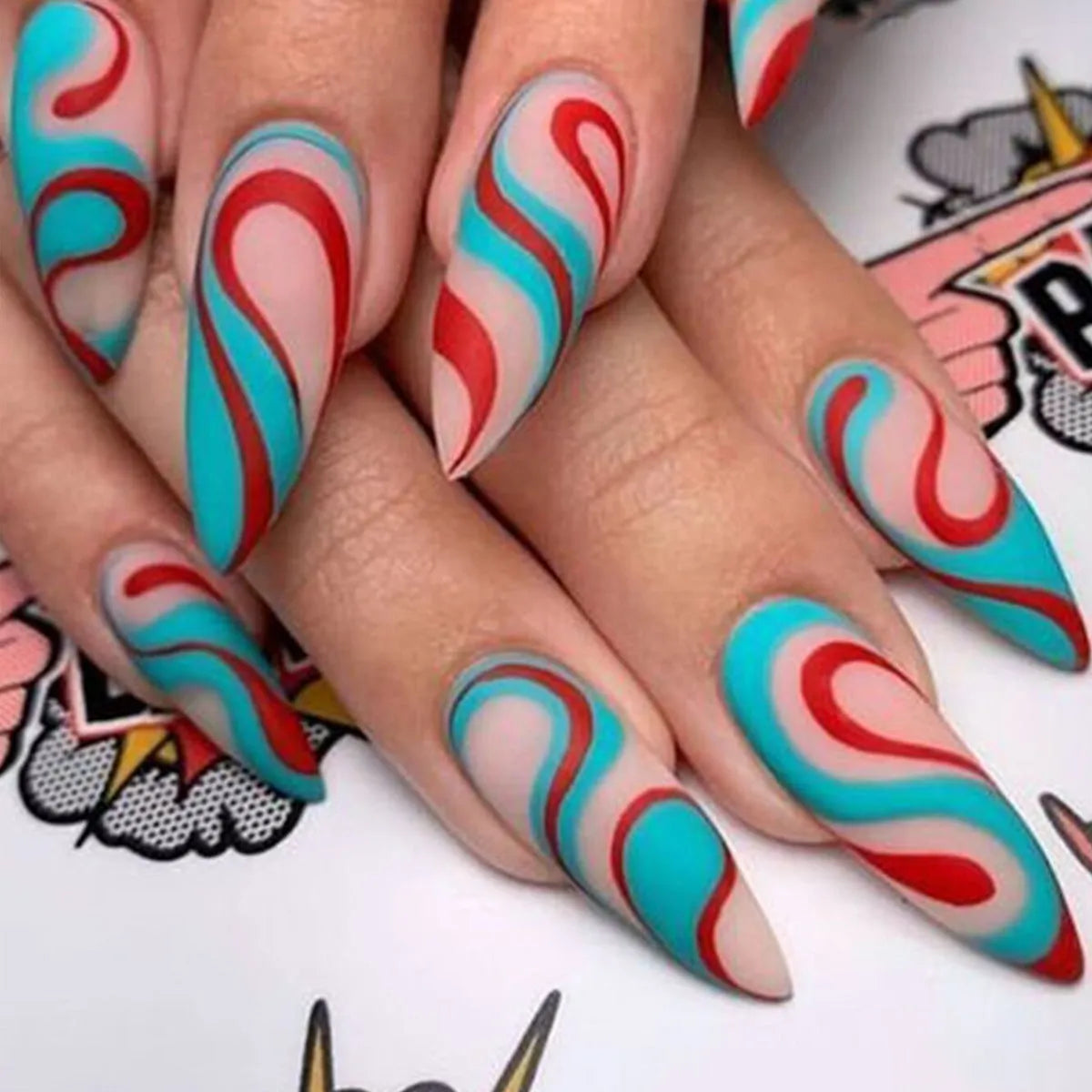 Almond-shaped rainbow nail stickers with colourful lines and plaid patterns in European Square style