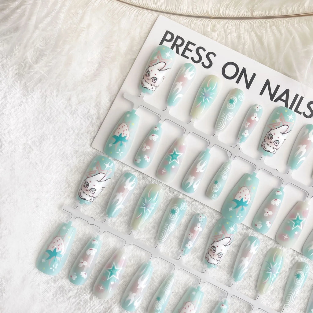 Cartoon cute rabbit middle ladder fake nails with cat's paw pattern in Rabbit Planet colour, including 40 pieces with frosted and glossy finish options